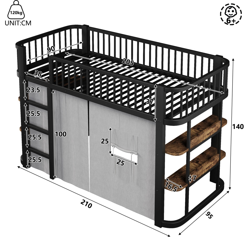 Letto a soppalco per bambini 90x200 cm con tende oscuranti; spazio inferiore modulabile; mensole e LED; metallo nero