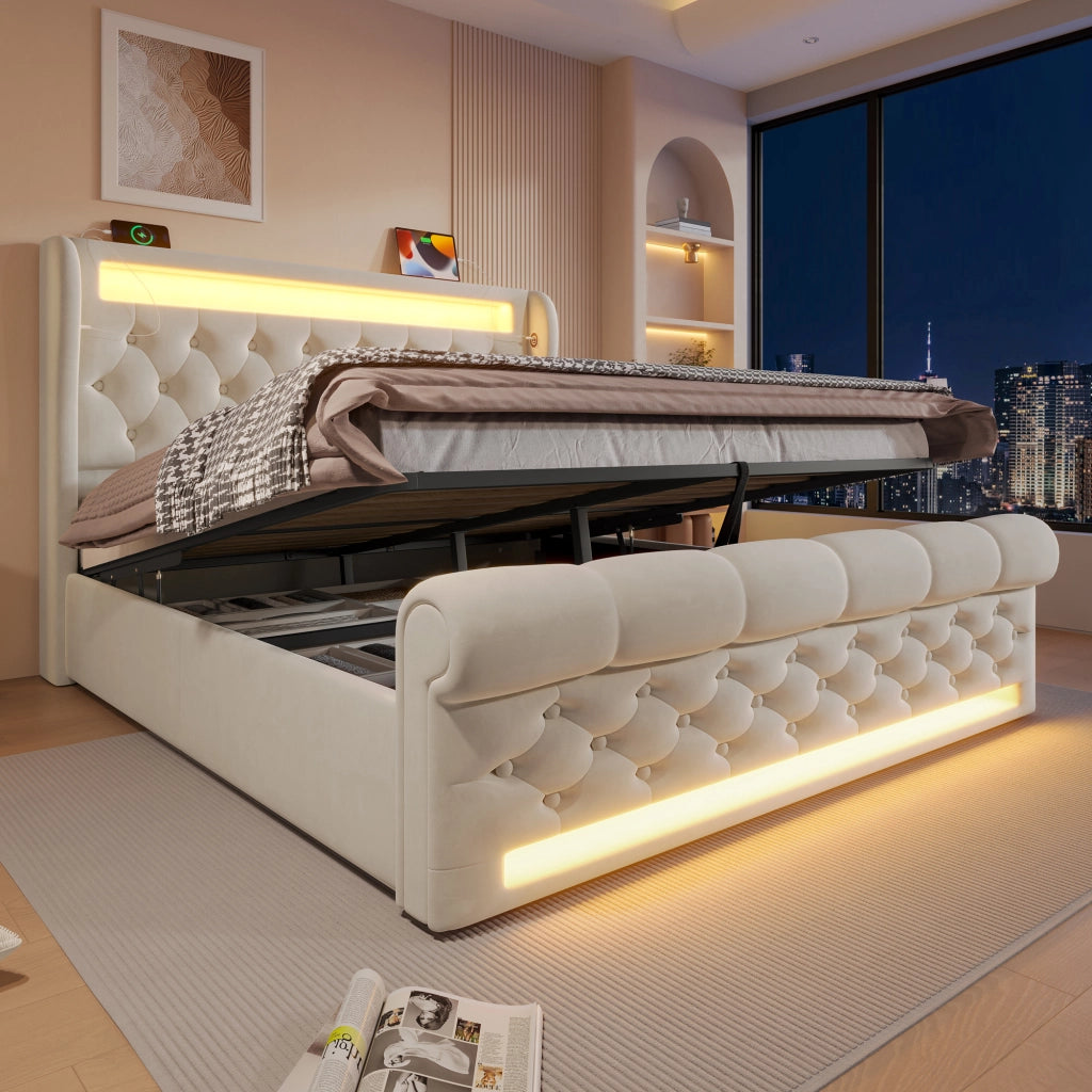 LETTO Contenitore 140x200 cm in Velluto Beige con LED e materasso incluso
