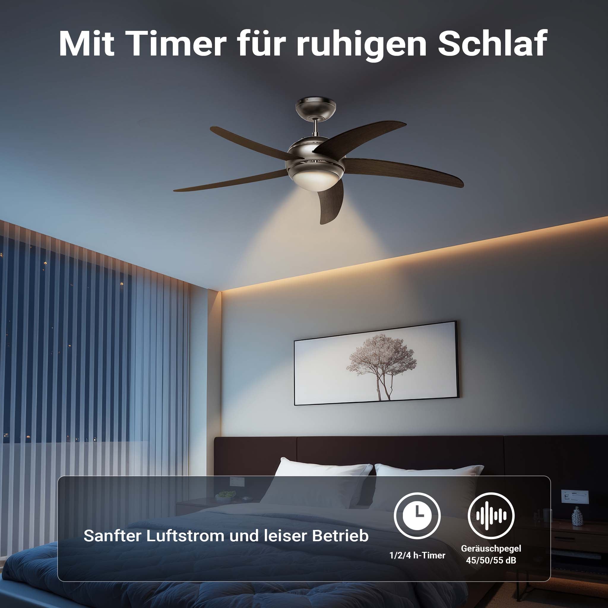 Ventilatore da soffitto Ø 136 cm con 5 pale, lampadario ventilatore con 3 velocità, telecomando, timer, modalità estiva e invernale, 70 W