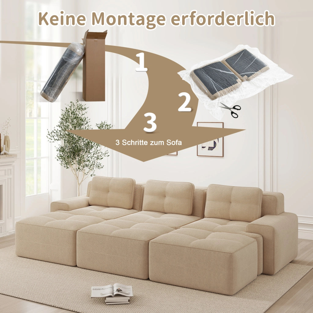 Divano angolare modulare in corda con funzione letto e 3 pouf, seduta profonda, beige