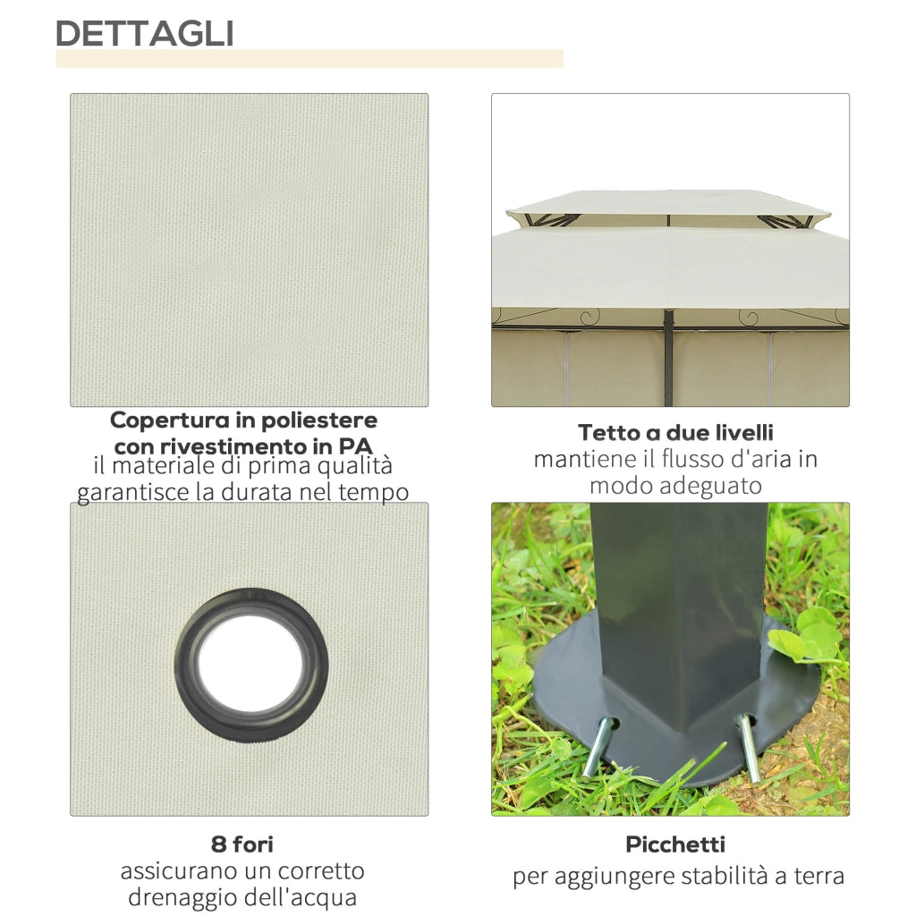 Gazebo da Giardino 3x4 m con Tende e Tetto a 2 Livelli ¨C Zephmum ¨C Bianco Crema