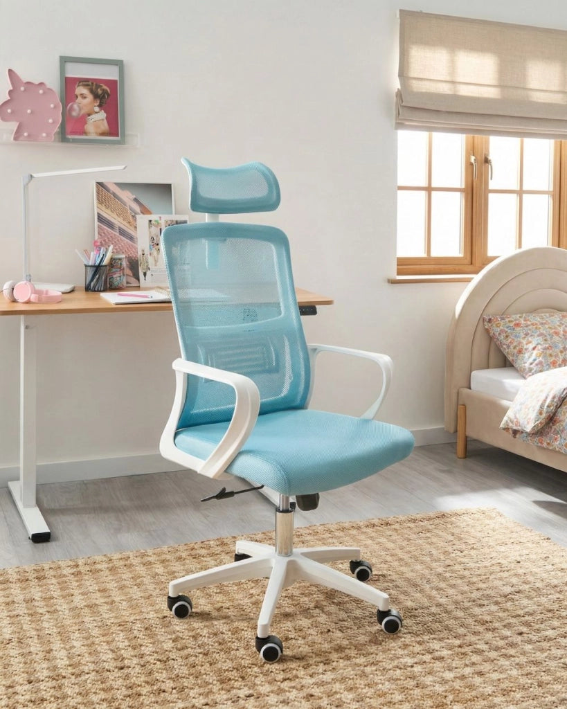 Sedia da ufficio con base girevole e poggiatesta regolabile in altezza con rete Home Office Azzurro stile moderno