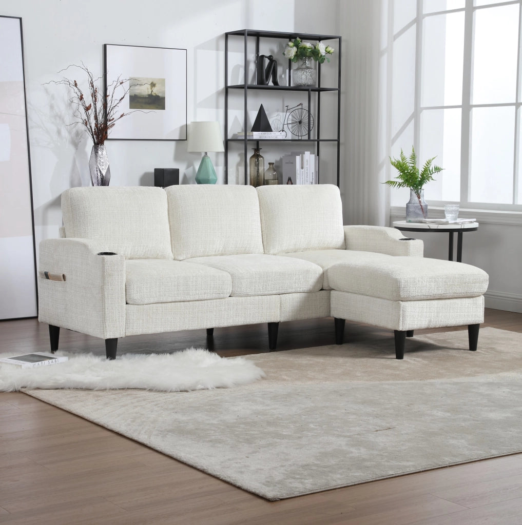 Divano 196.5x75x77 cm 4 posti con pouf contenitore; portabicchieri e tasche laterali in chenille beige