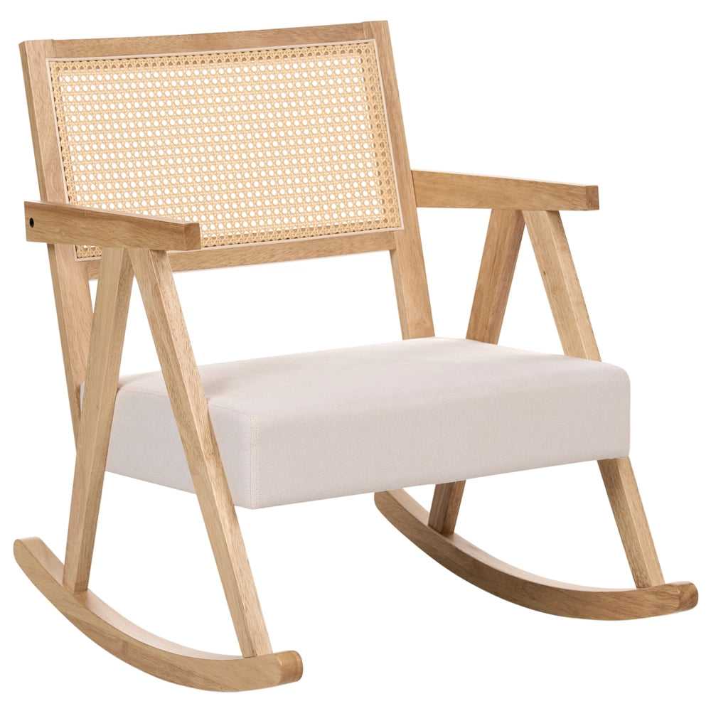 Poltrona a dondolo imbottita con schienale Vienna stile scandinavo struttura in legno di gomma tessuto marrone chiaro e beige chiaro