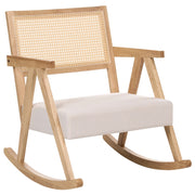 Poltrona a dondolo imbottita con schienale Vienna stile scandinavo struttura in legno di gomma tessuto marrone chiaro e beige chiaro