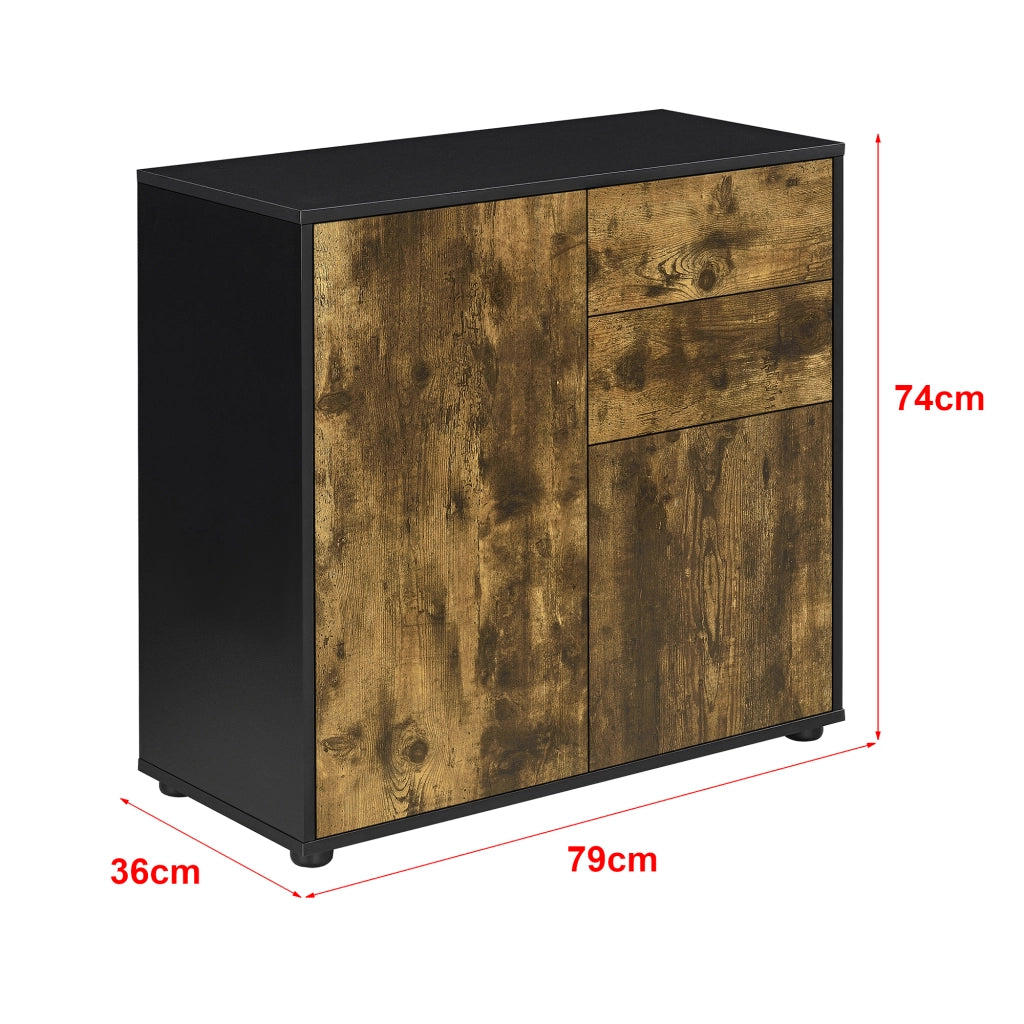 Comò con 2 ante e 2 Cassetti con Apertura Push-to-Open 74 x 79 x 36 cm Mobiletto Multiuso per Camera / Ufficio - Nero/Effetto Rovere Scuro