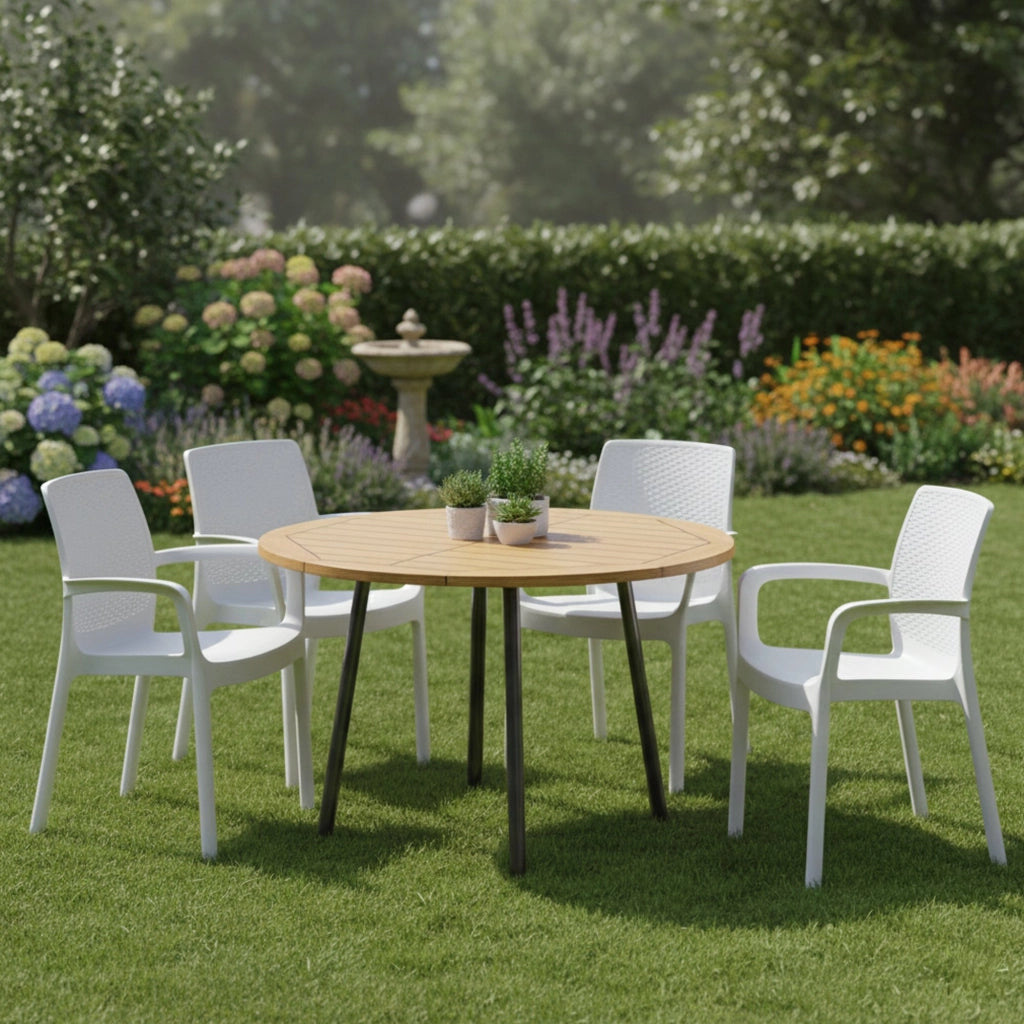 Sedia da esterno Anacleto, Seduta da giardino, Sedia per tavolo da pranzo, Poltrona outdoor effetto rattan, 100 % Made in Italy, Set da 4, Cm 54x60h82, Bianco