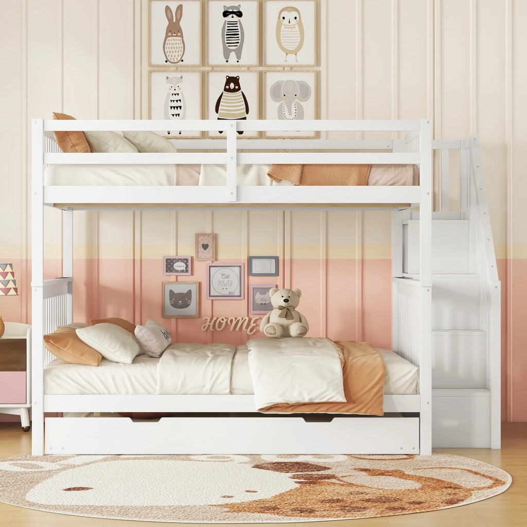 OKWISH Letto a Castello 140×200 cm, Letto 3 Posti con Letto Estraibile, Scala con Mensole e Sponde Alte, senza Materasso, Bianco