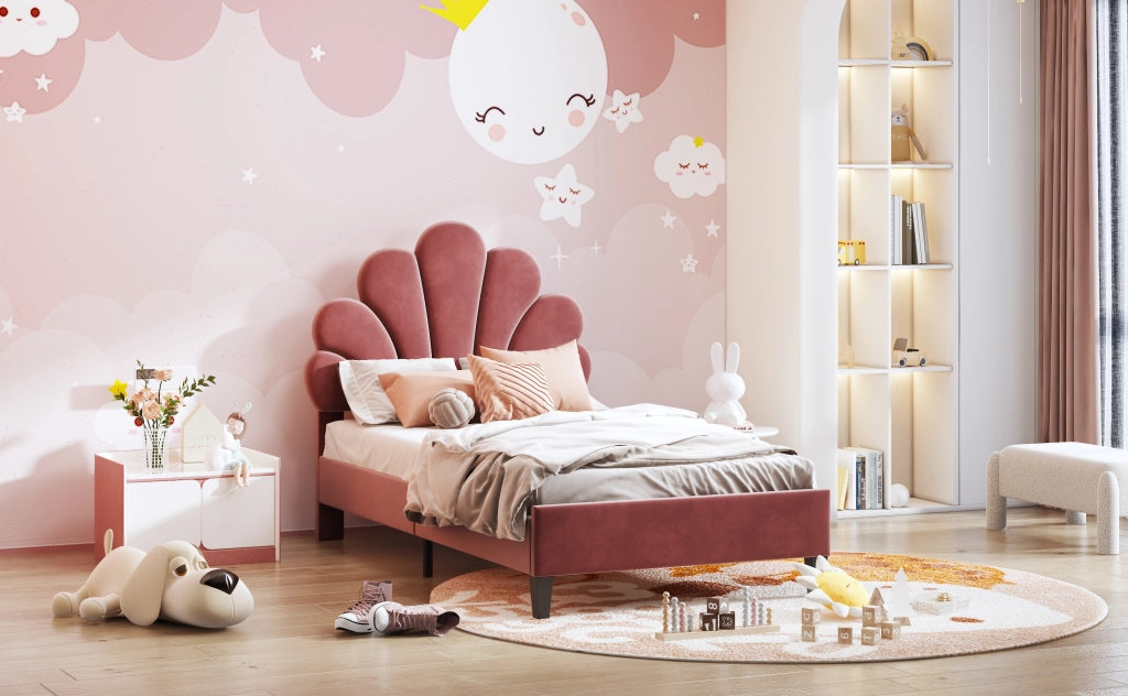 DESMIU Letto Singolo 1 Piazza con Testiera a Fiore e 12 Doghe, 90 × 200 cm, senza materasso, Velluto Rosso