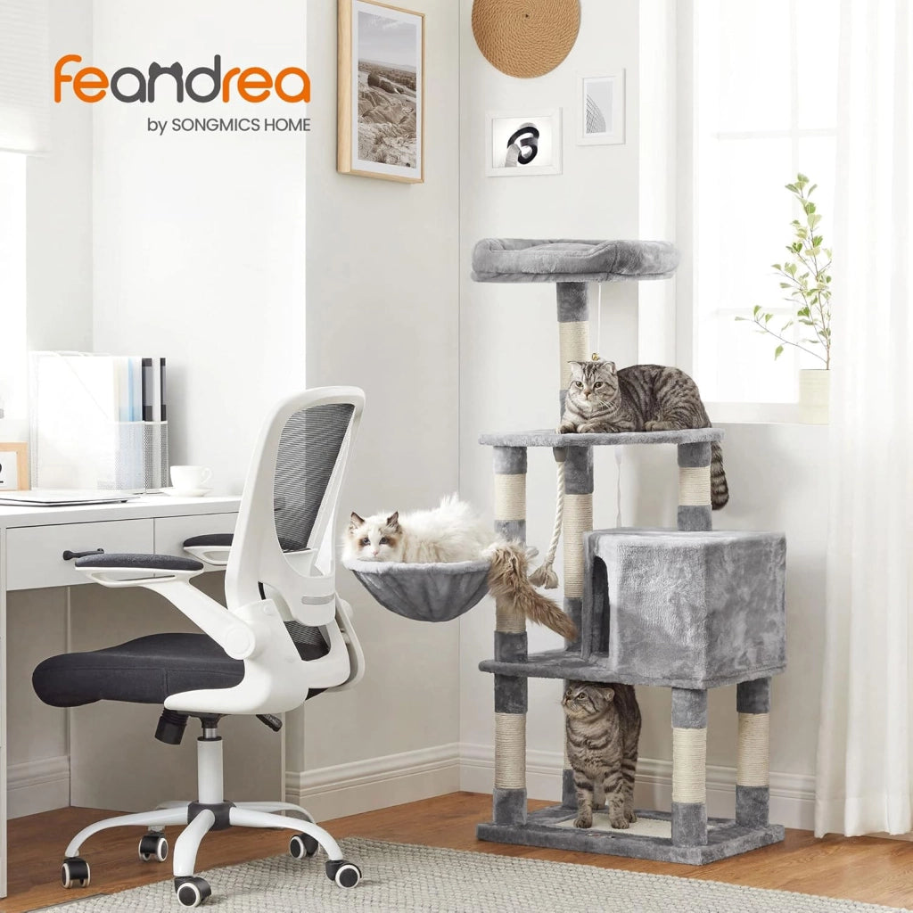 Feandrea Albero per Gatti Alto 138 cm, Tiragraffi per Gatti, con Base e 9 Pali Graffiatoi, 1 Piattaforma, 1 Grotta, 1 Amaca, 1 Pompon, 1 Corda, in Peluche a Più Livelli, Grigio Chiaro PCT60W