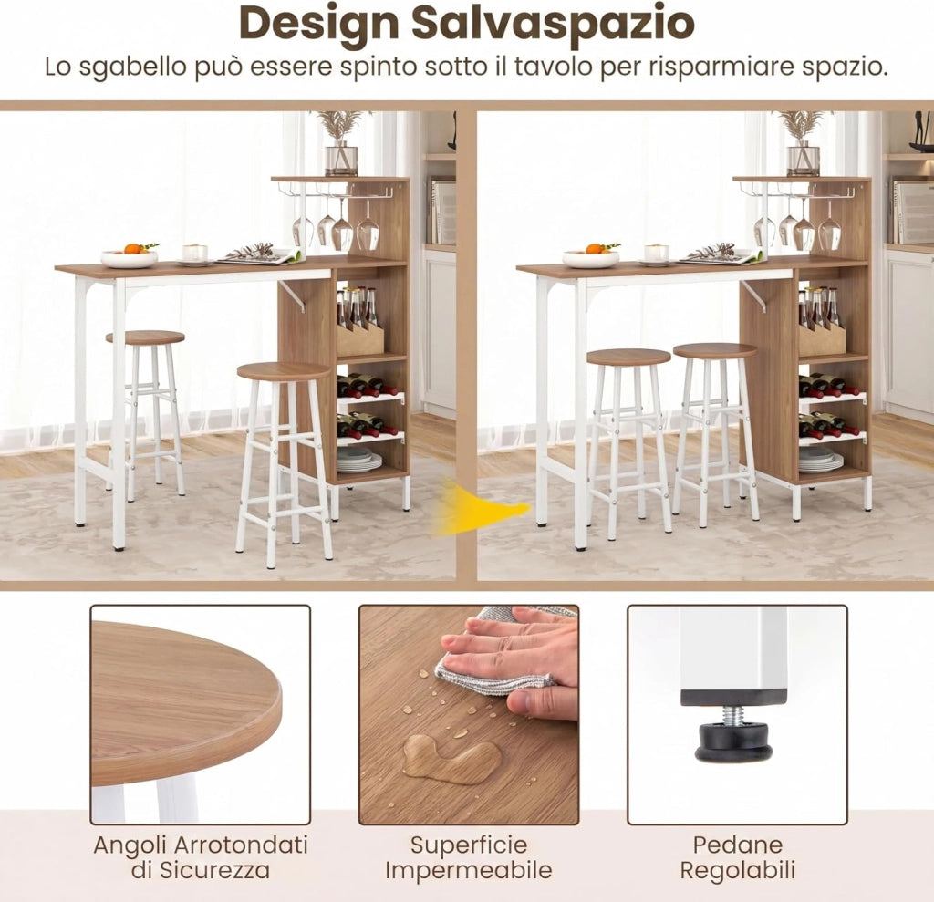 Set 3 Pezzi Tavolo e Sedie da Bar, Tavolo e Sgabelli da Pub Industriale con Porta Calici e 6 Portabottiglie da Vino, Set di Tavolo per Sala da Pranzo, Ristorante e Bar (Legno)
