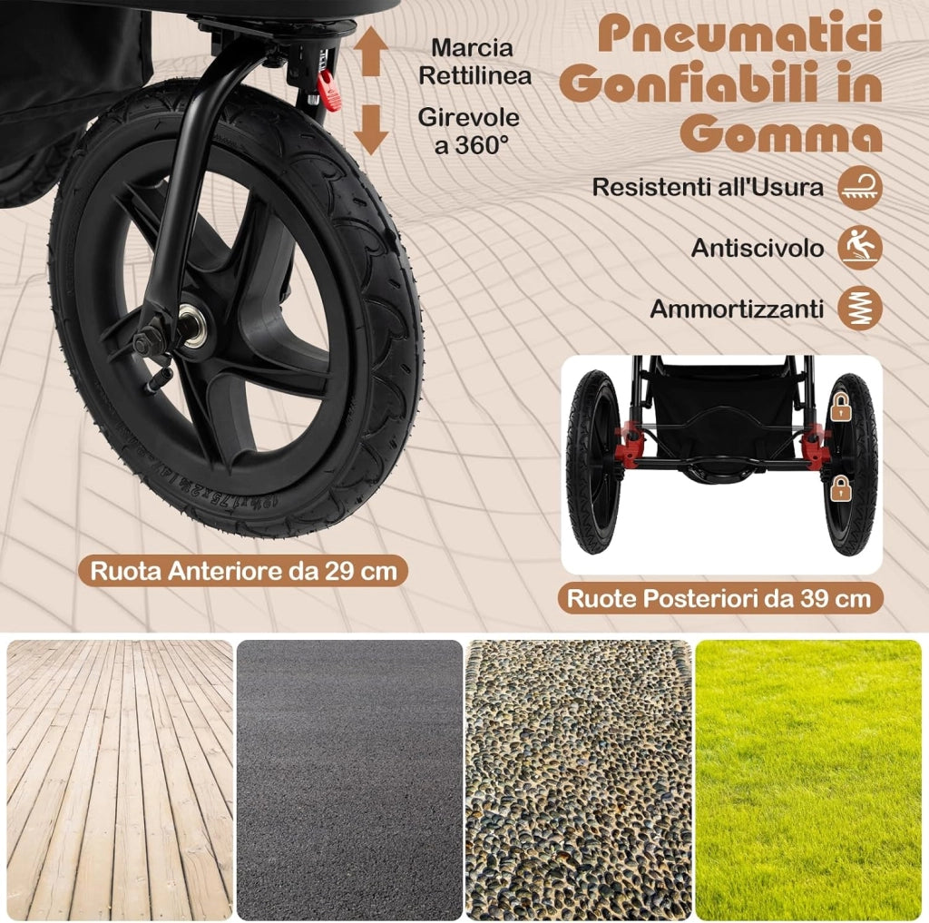 Passeggino Leggero a 3 Ruote, Passeggino Pieghevole con Cappotta Estensibile, Schienale Reclinabile e Portabicchieri, Carrozzina da Jogging per Bambini 0-48 Mesi fina a 22 KG