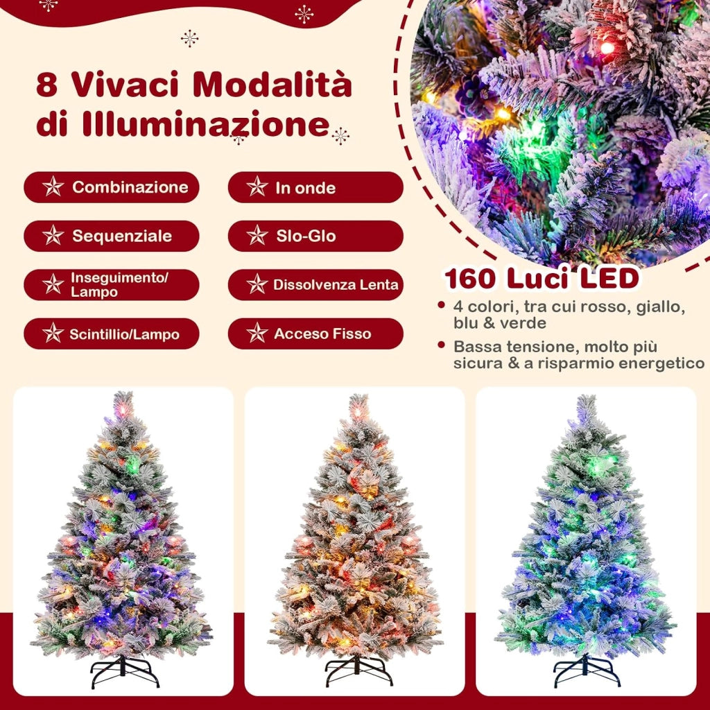 Albero di Natale Innevato 136/180/210 cm, Albero di Natale con 160/240/320 Luci LED, 472/850/1270 Rami di PE e PVC, 26/34/40 Pigne, Aghi di Pino e 8 Modalità di Illuminazione (136 CM)