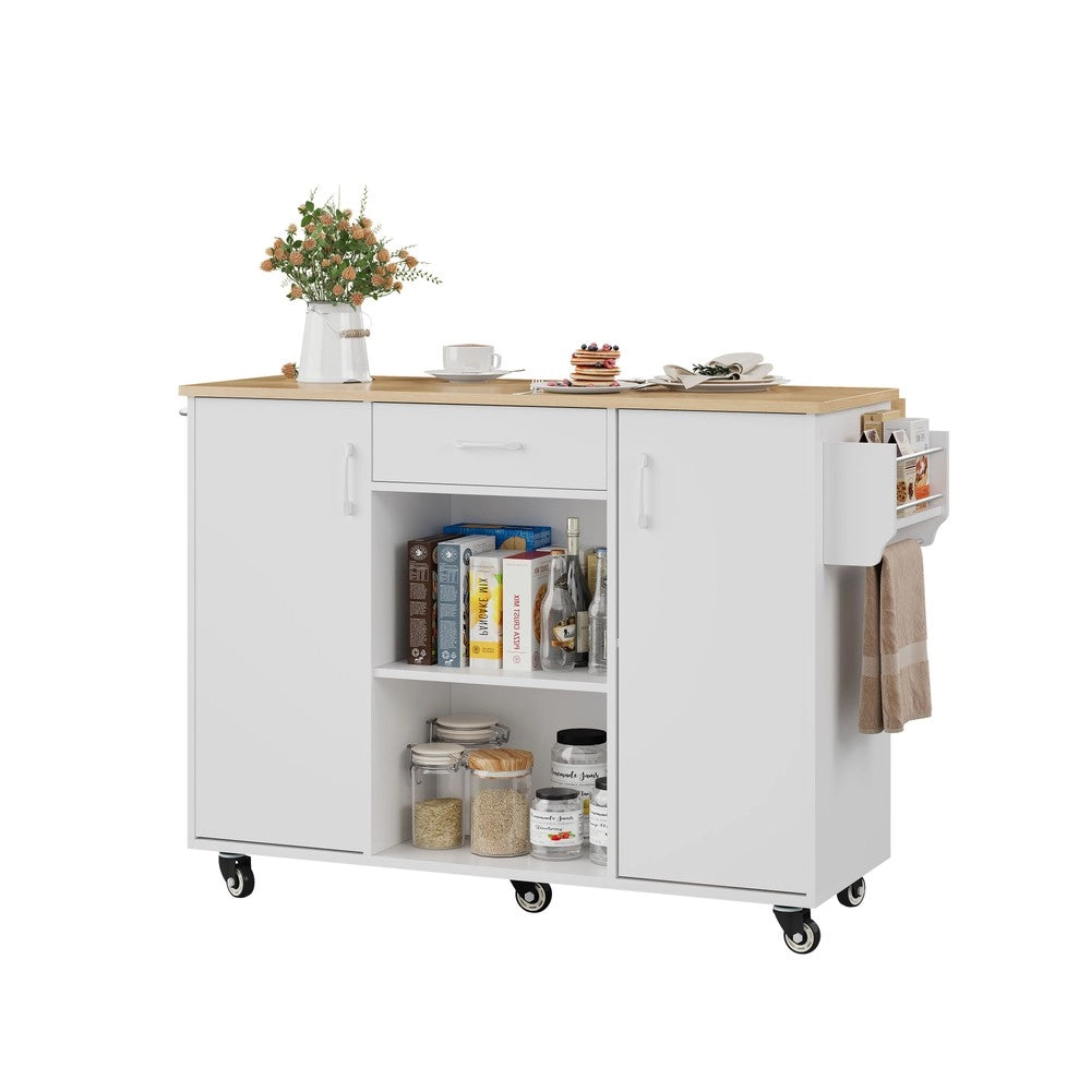 Isola Cucina su Ruote con Piano Ribaltabile, Cassetto e Anta ¨C Xylo ¨C Bianco Rovere, 92,9x120x43,5cm