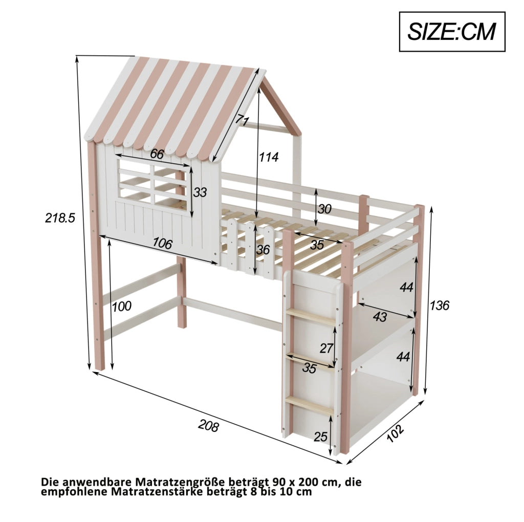 Letto a casetta 90x200 cm con scala di sicurezza e spazio contenitore in legno rosa