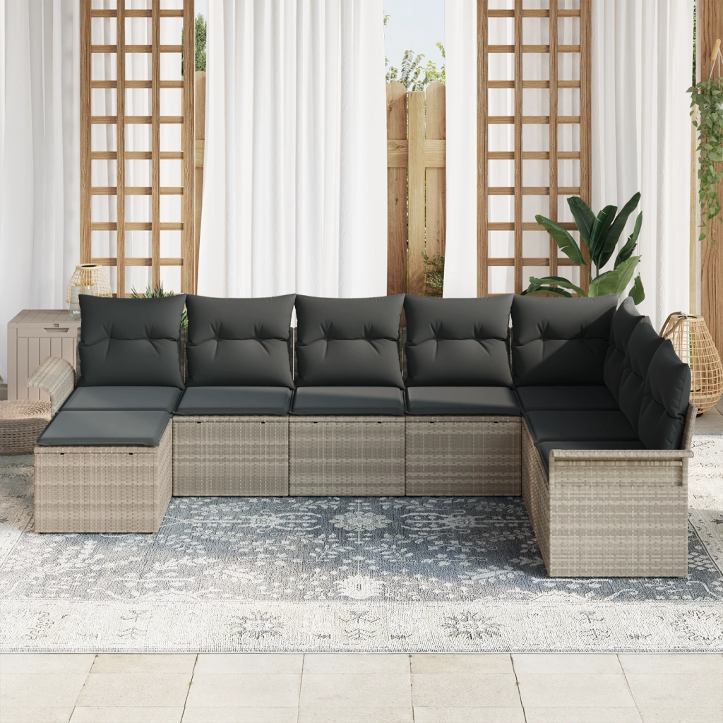 Set Divano da Giardino  8 Pezzi con Cuscini Grigio Chiaro Polyrattan
