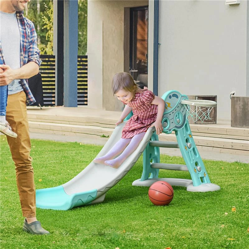 SCIVOLO PER BAMBINI DA 18 MESI PIEGHEVOLE CON 3 SCALINI E CANESTRO BASKET, 140X87X75CM, BLU E GRIGIO
