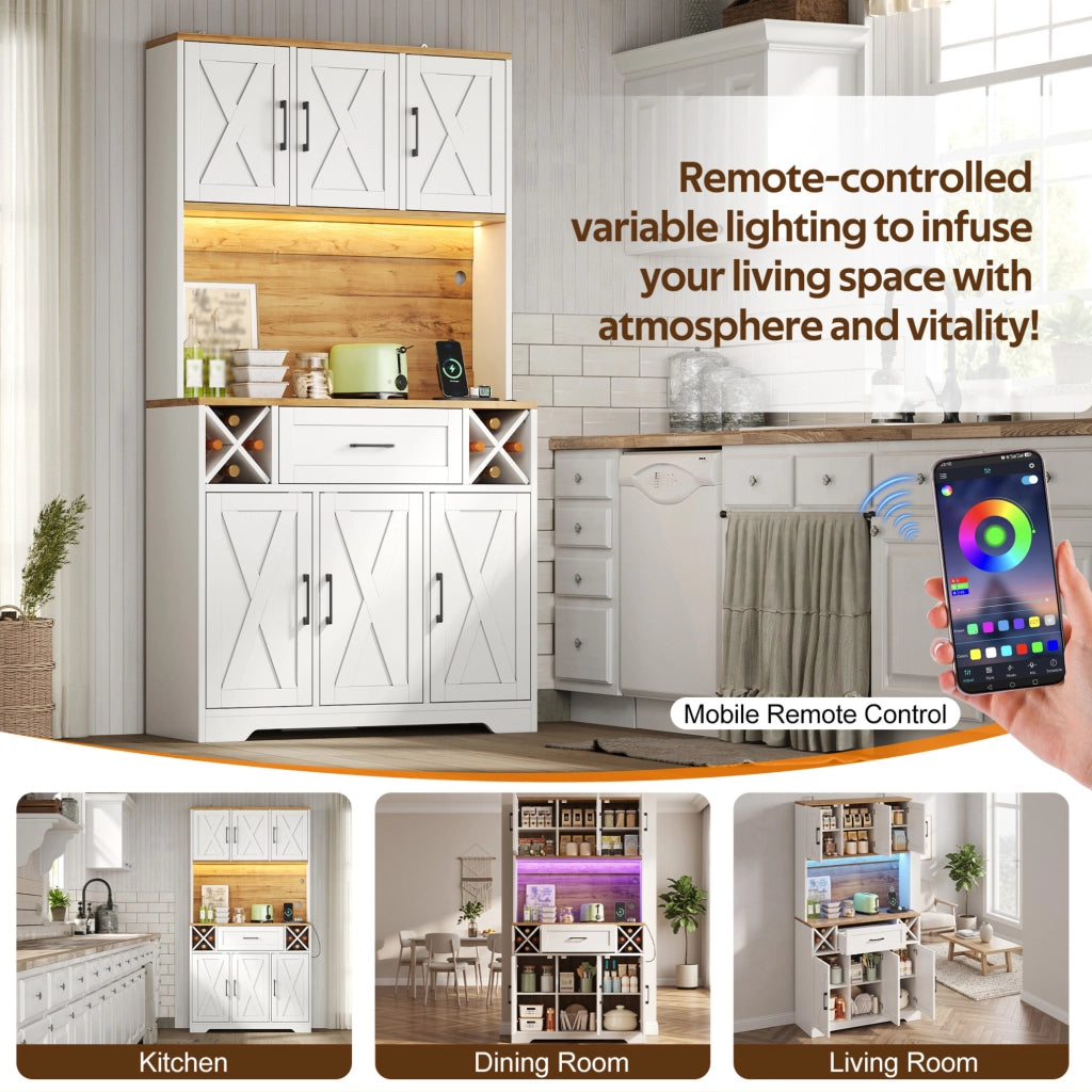 Credenza cucina alta con LED RGB; prese e portasvino; 105x40x180 cm; MDF bianco naturale