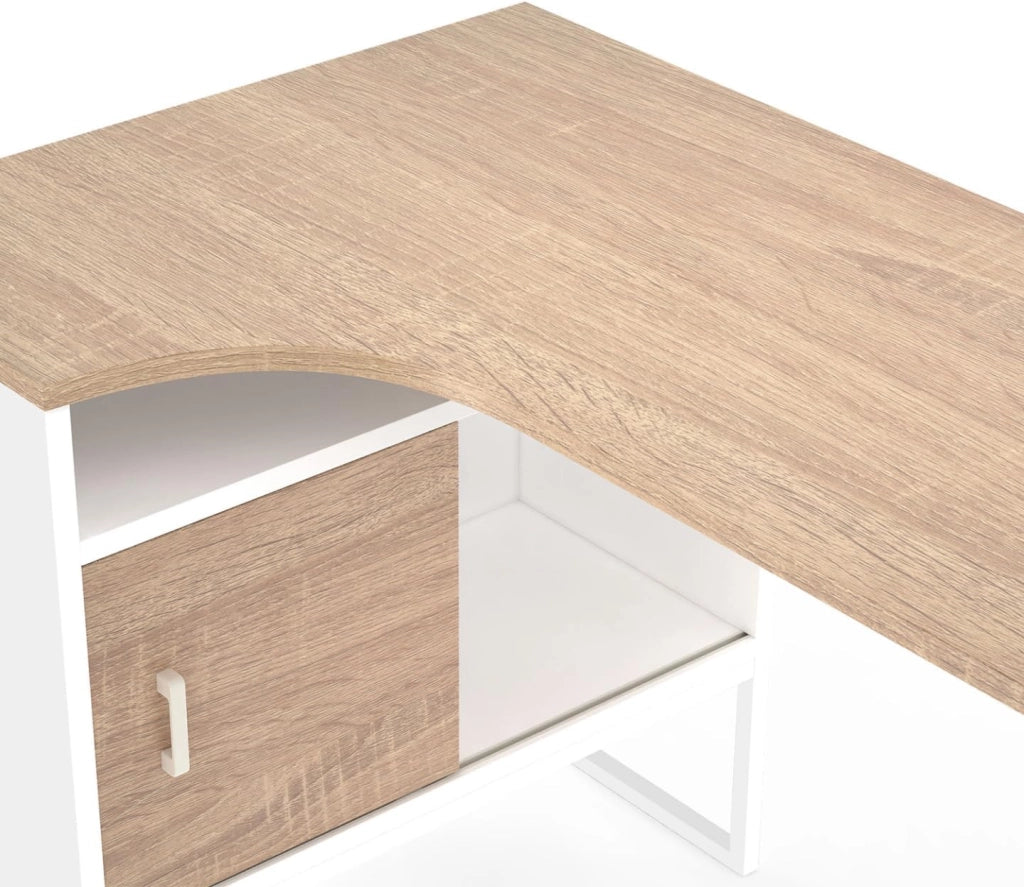 Scrivania angolare ROB in bianco e faggio con nicchia di contenimento e anta dal design industriale