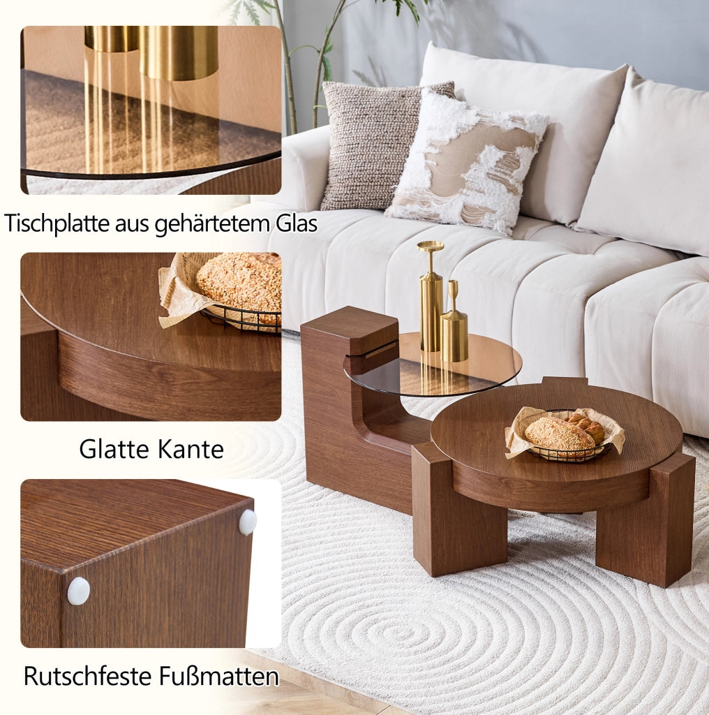 Tavolino da caffè rotondo a due livelli in MDF effetto noce e vetro marrone; 61 cm