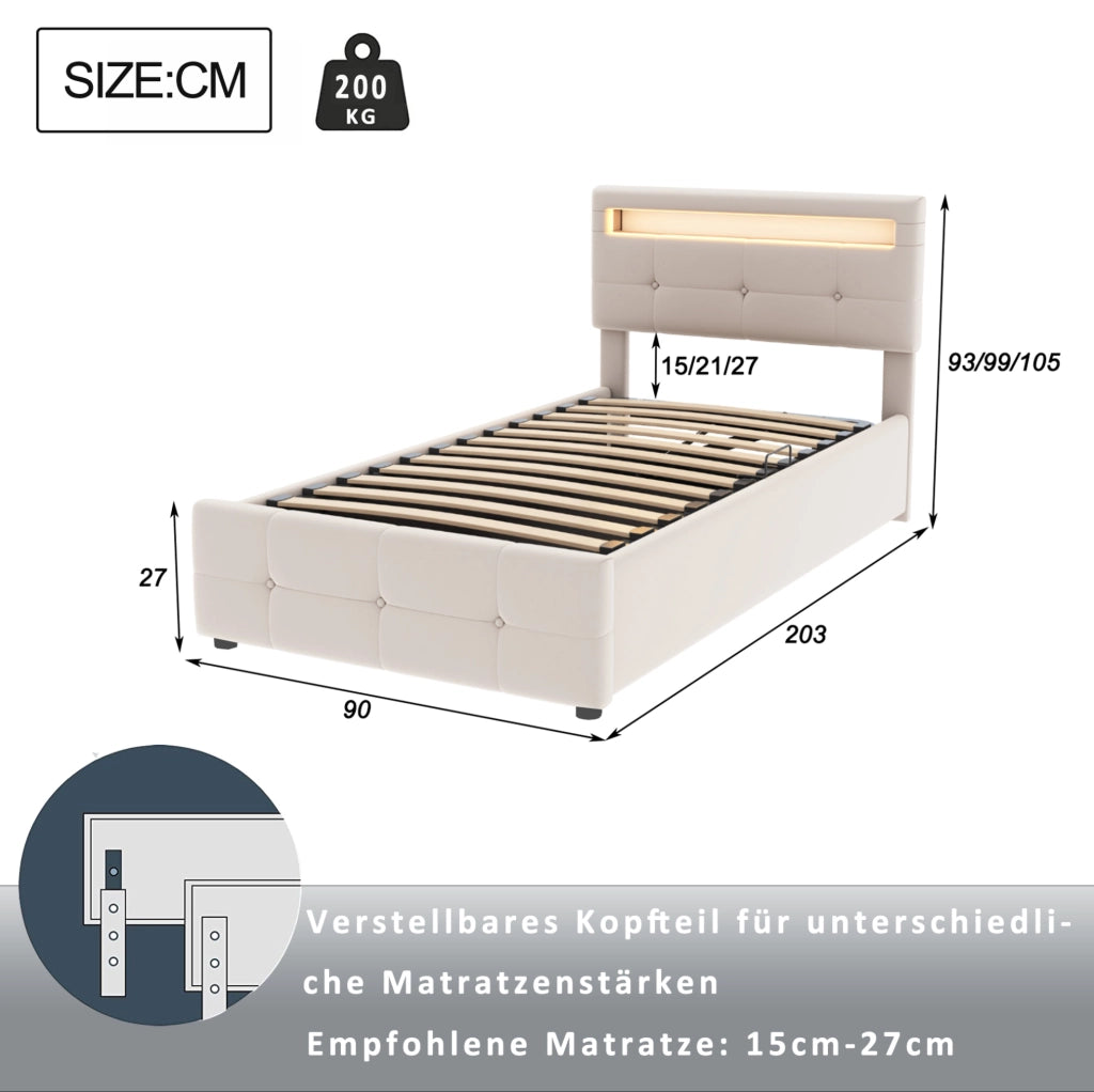 Letto singolo imbottito 90x200 cm con LED e vano contenitore idraulico; velluto beige