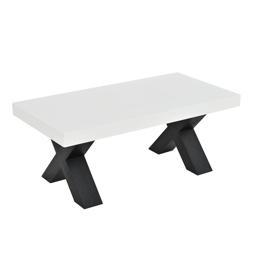 Tavolino da salotto rettangolare con 2 gambe a X; piano laccato lucido; per soggiorno e balcone; MDF bianco nero 100 × 50 × 40 cm
