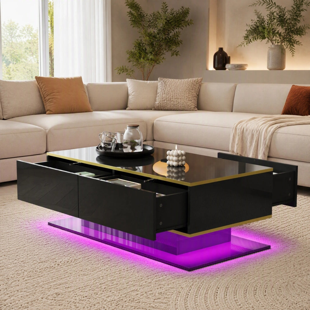 TAVOLINO DA CAFFÈ 100x50x40 cm Nero/Oro in truciolare con LED