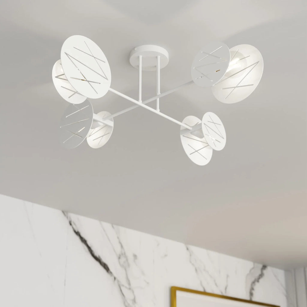 Plafoniera 4 Luci Plutone In Acciaio Bianco A Bracci E Diffusori A Cerchio