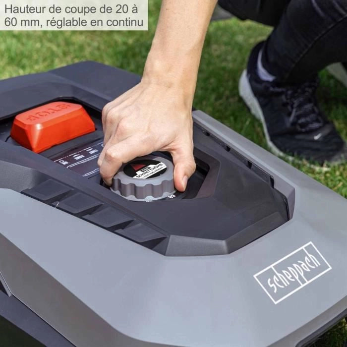 Rasaerba robot connesso Scheppach RoboCut L500 400 m2 con stazione di ricarica  Fino a 400 m  Sensore pioggia  Wi-Fi e Bluetooth