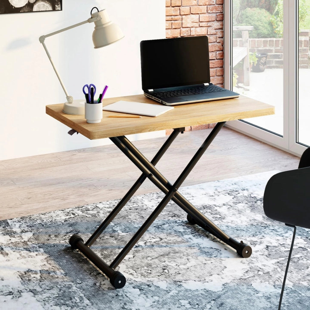 Tavolino 2 in 1 URBANA, trasformabile in tavolo da pranzo rettangolare, 100 cm, legno e nero, design industriale