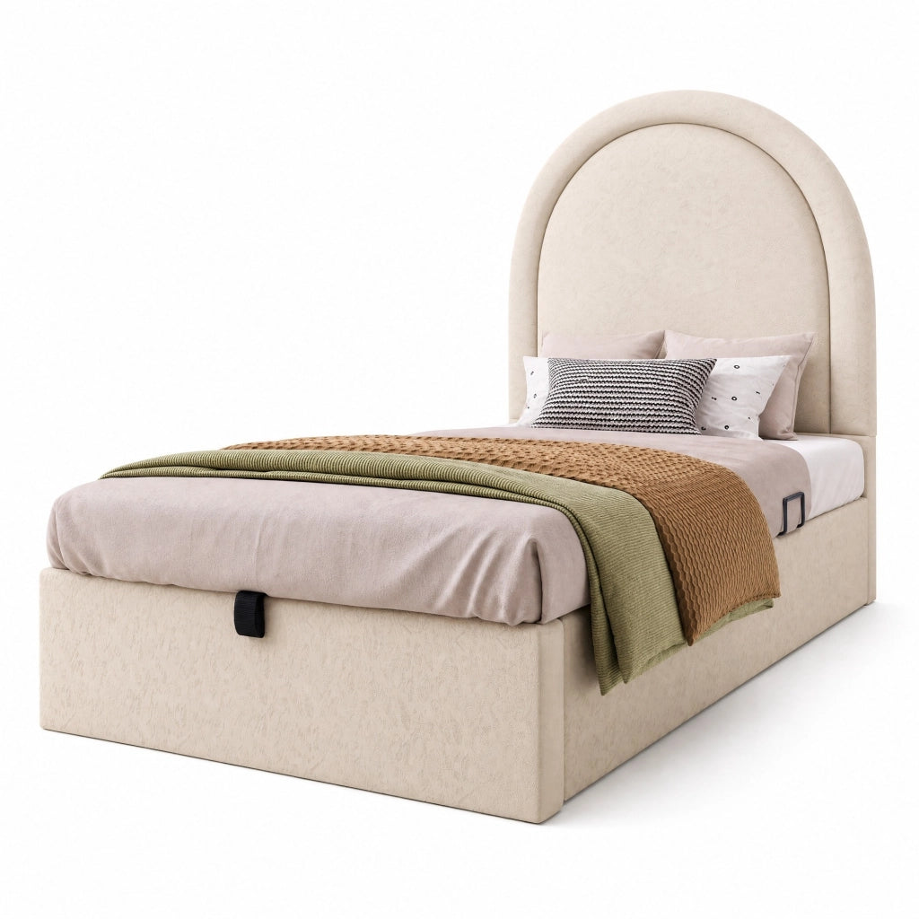 Letto imbottito per bambini 90x200 cm in PU beige con contenitore e rete a sollevamento idraulico