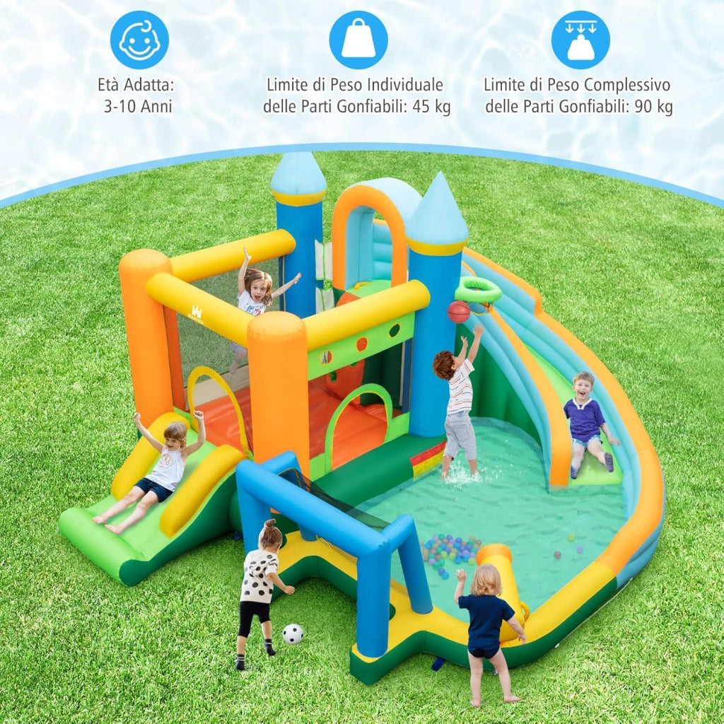 Castello Gonfiabile per Bambini, Casa Gonfiabile con Doppio Scivolo, Parete da Arrampicata, Piscina, con Borsa di Trasporto e Kit di Riparazione, per 2 Bambini di 3-10 Anni