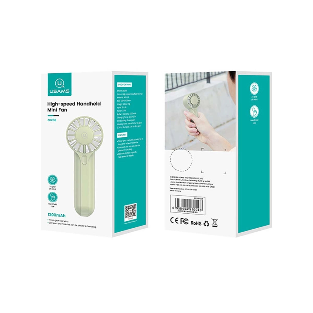 Mini ventilatore tascabile portatile compatto ricaricabile da 1200 mAh a 3 velocità Verde Usams