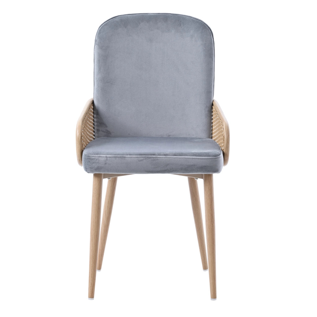 OKWISH Set di 2 Sedie da Pranzo, con Schienale Effetto Rattan e Gambe in Metallo, Stile Naturale, Velluto Grigio