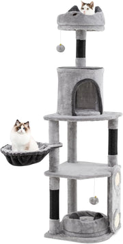 Tiragraffi per Gatti Alto 144 cm, Albero Tiragraffi Gatto con 3 Pali in Sisal, Amaca, 2 Pompom e Grotta, Cuccia Albero Gatto Imbottito in Peluche con Tavola in Sisal, Grigio