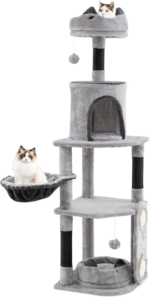 Tiragraffi per Gatti Alto 144 cm, Albero Tiragraffi Gatto con 3 Pali in Sisal, Amaca, 2 Pompom e Grotta, Cuccia Albero Gatto Imbottito in Peluche con Tavola in Sisal, Grigio