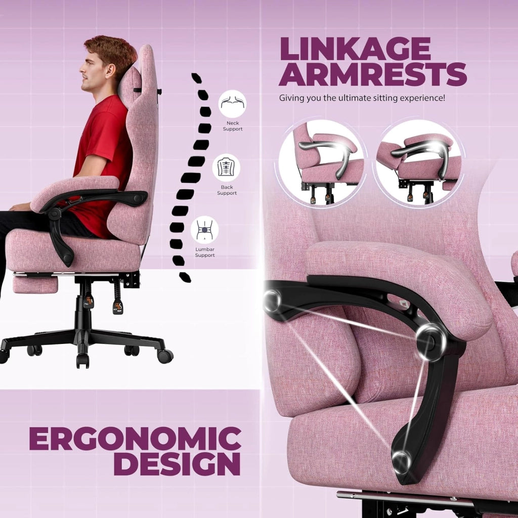 Sedia da gioco, traspirante, sedia da ufficio, ergonomica, in tessuto di alta qualità, ergonomica, schienale regolabile a 160°, poggiapiedi estraibile, carico 180 kg,rosa