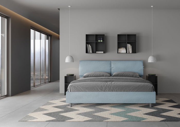 Letto Matrimoniale King Size 180x210 cm Senza Rete Testata con Cuscini Imbottito in Microfibra Mados Azzurro