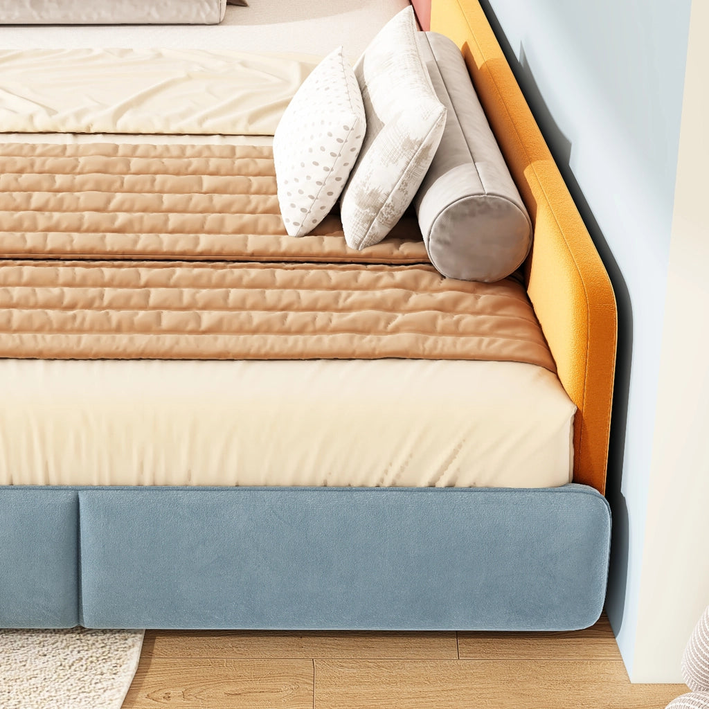 Letto per bambini 140 × 200 cm con protezione laterale rialzata, senza materasso, in velluto, blu multicolore