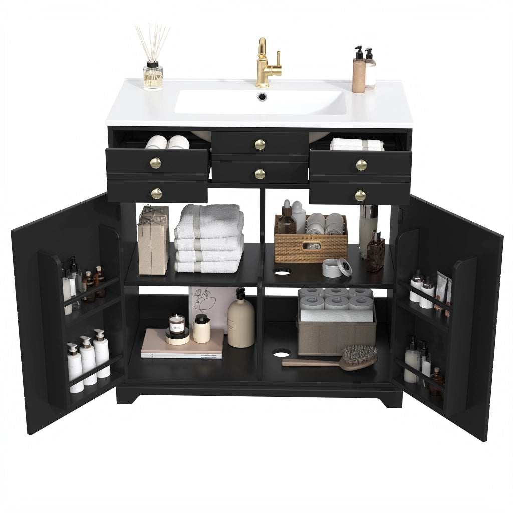 Mobile Bagno con Lavabo in Ceramica ¨C MINIMAL ¨C Nero/Oro, Cassetti, Armadietto