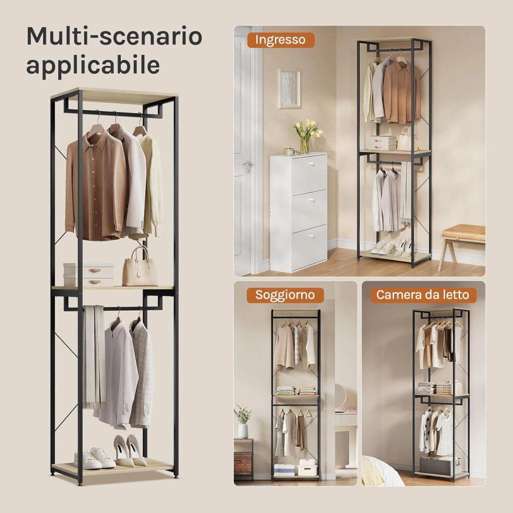 Stand Appendiabiti in Legno Attaccapanni Guardaroba per Cameretta Scaffale Porta Abiti 60x40x213 cm