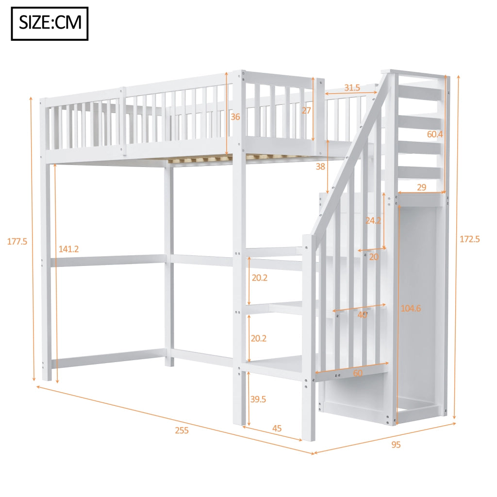 Letto a castello bianco in legno con scala e ripiano portaoggetti 90x200 cm