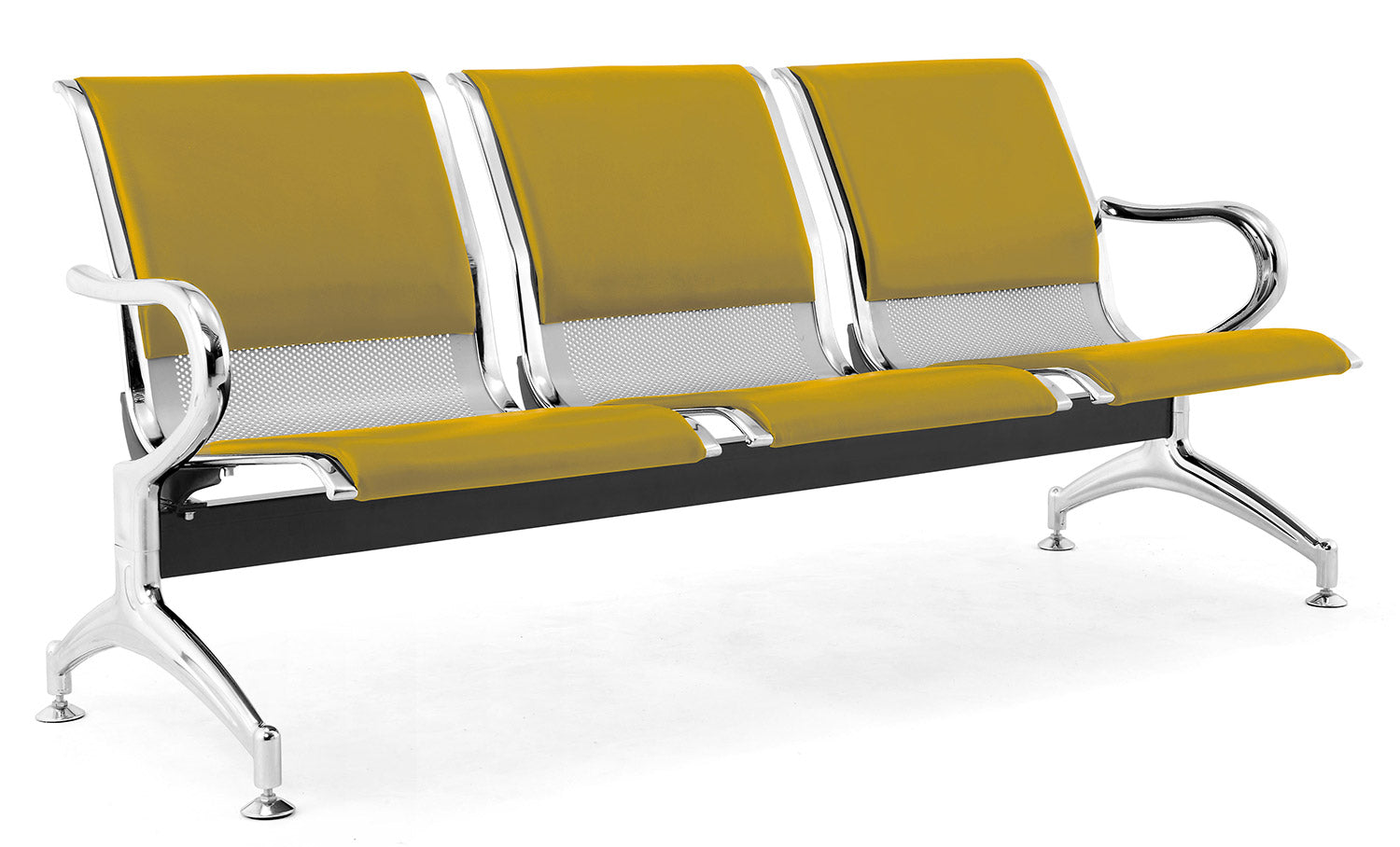 Panca per Sala Attesa 3 Posti da Ufficio con Cuscino in Acciaio e Similpelle Argento/Senape