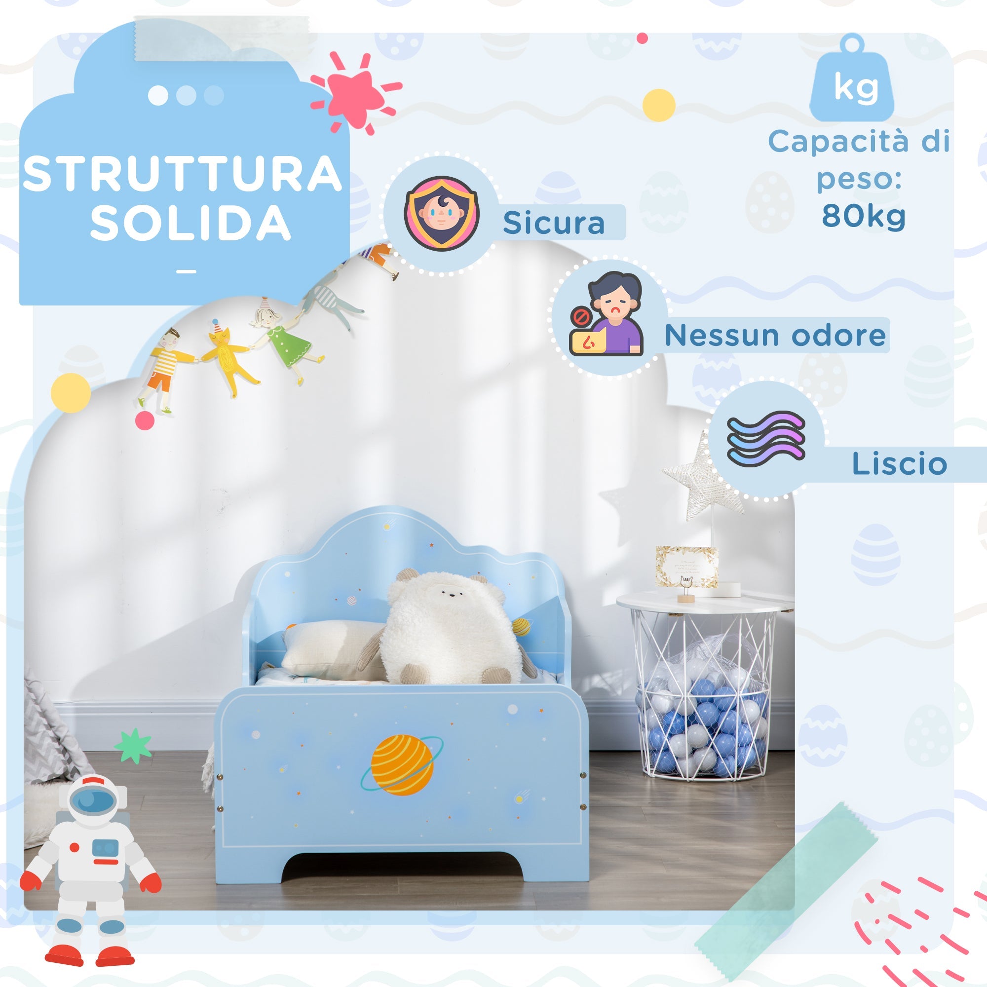 Letto per Bambini con Sponde 143x74x59 cm Fantasia Spaziale Azzurro