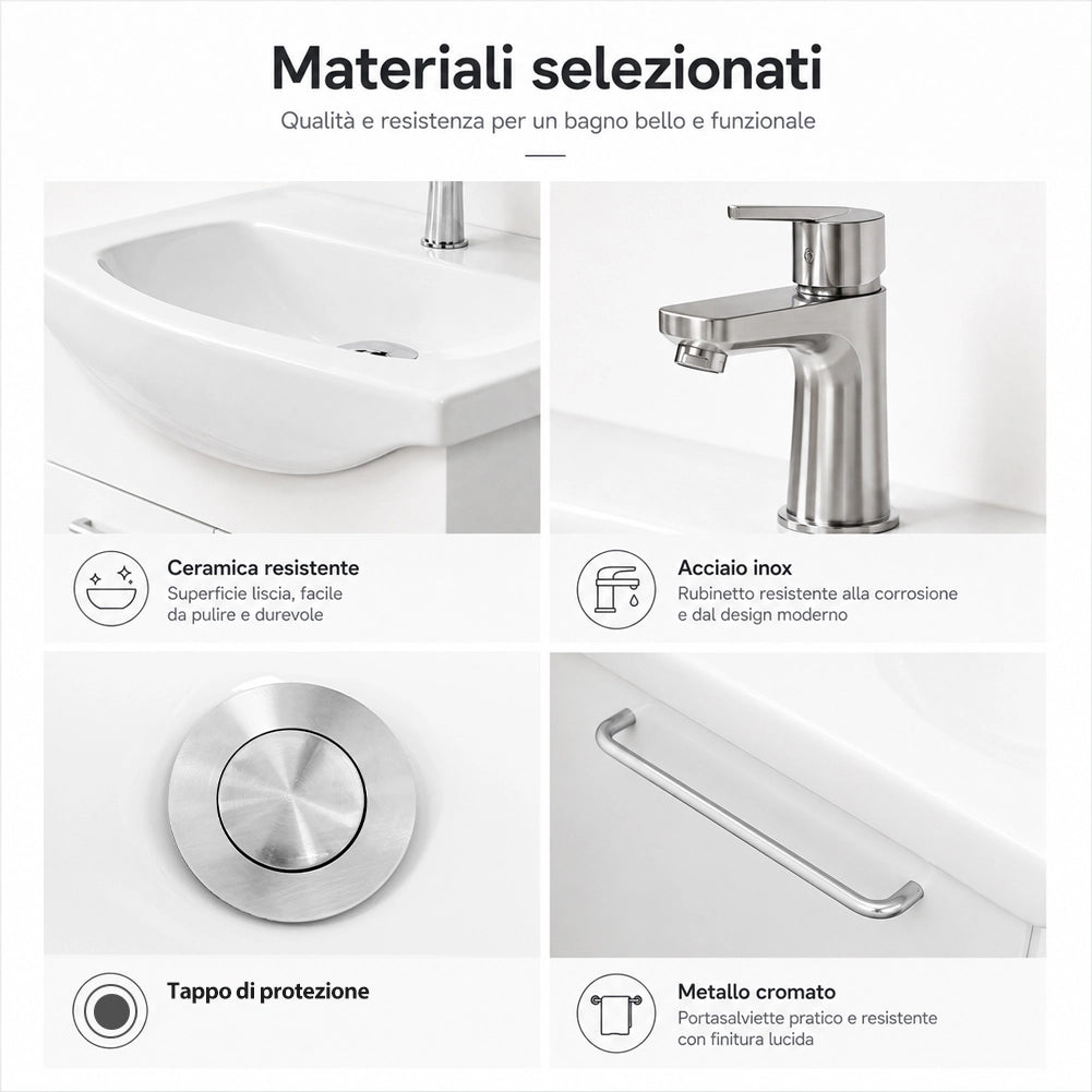 Mobile da Bagno Sospeso Completo Bianco Larghezza 55 cm Specchio e Rubinetteria
