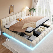 Letto imbottito 180x200 cm in velluto beige con LED e contenitore idraulico