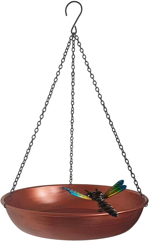 Vogelbad in stile antico, 28 cm, metallo, con catenina nera rimovibile e libellule metalliche per giardino, decorazione per giardino esterno.