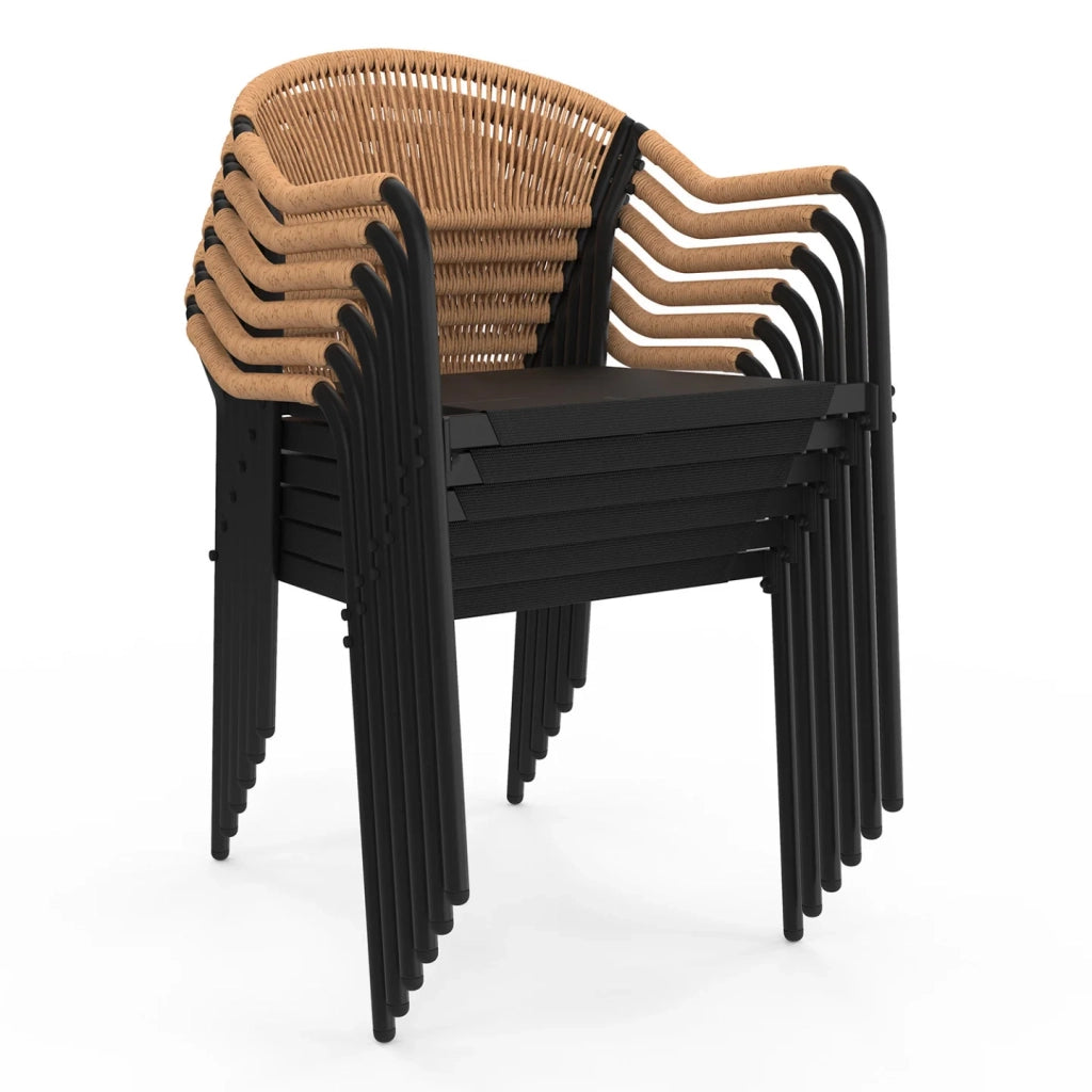 IDMarket - Set di mobili da giardino MADEIRA tavolo 150 cm e 6 sedie in corda e textilene nero e rattan chiaro
