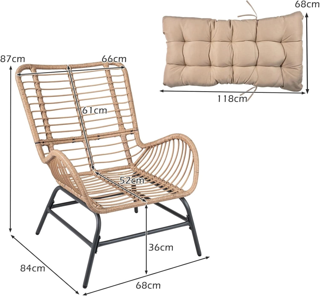 Poltrona da Giardino in Rattan PE, Sedia Relax con Cuscino Imbottito, Portata 180 KG, Sedile Ampio, Schienale e Braccioli, Poltrona Ergonomica per Balcone, Terrazza, Patio, Salotto (1,Tortora)