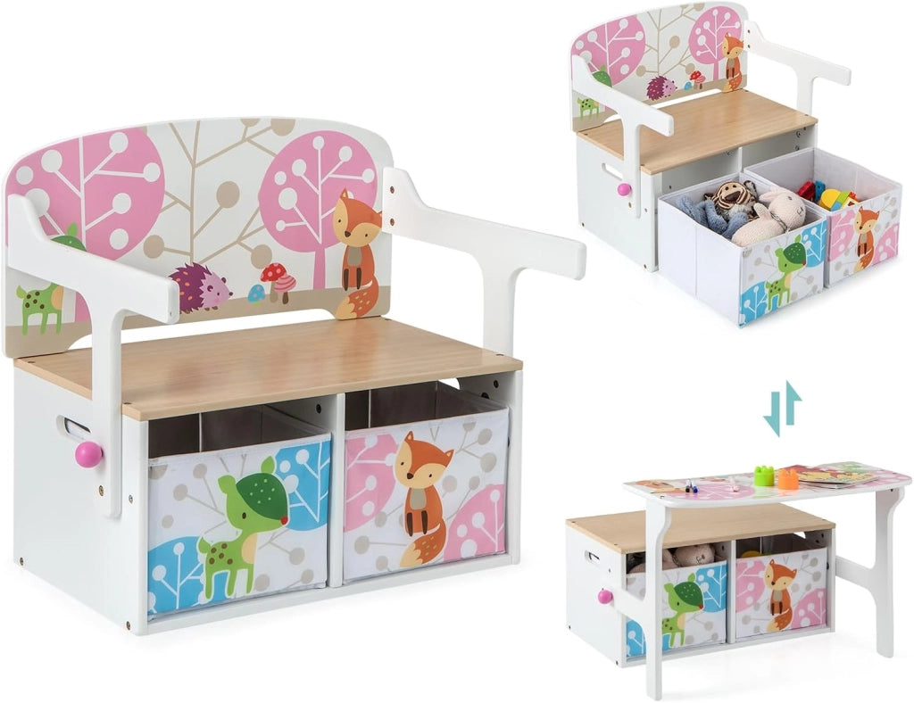 Cassapanca Contenitore 3 in 1 per Bambini Trasformabile in Legno con 2 Cassetti in Tessuto, Tavolo bambini con Sedie Multifunzione, Scatola dei Giocattoli per 3-7 Anni (Grigio)
